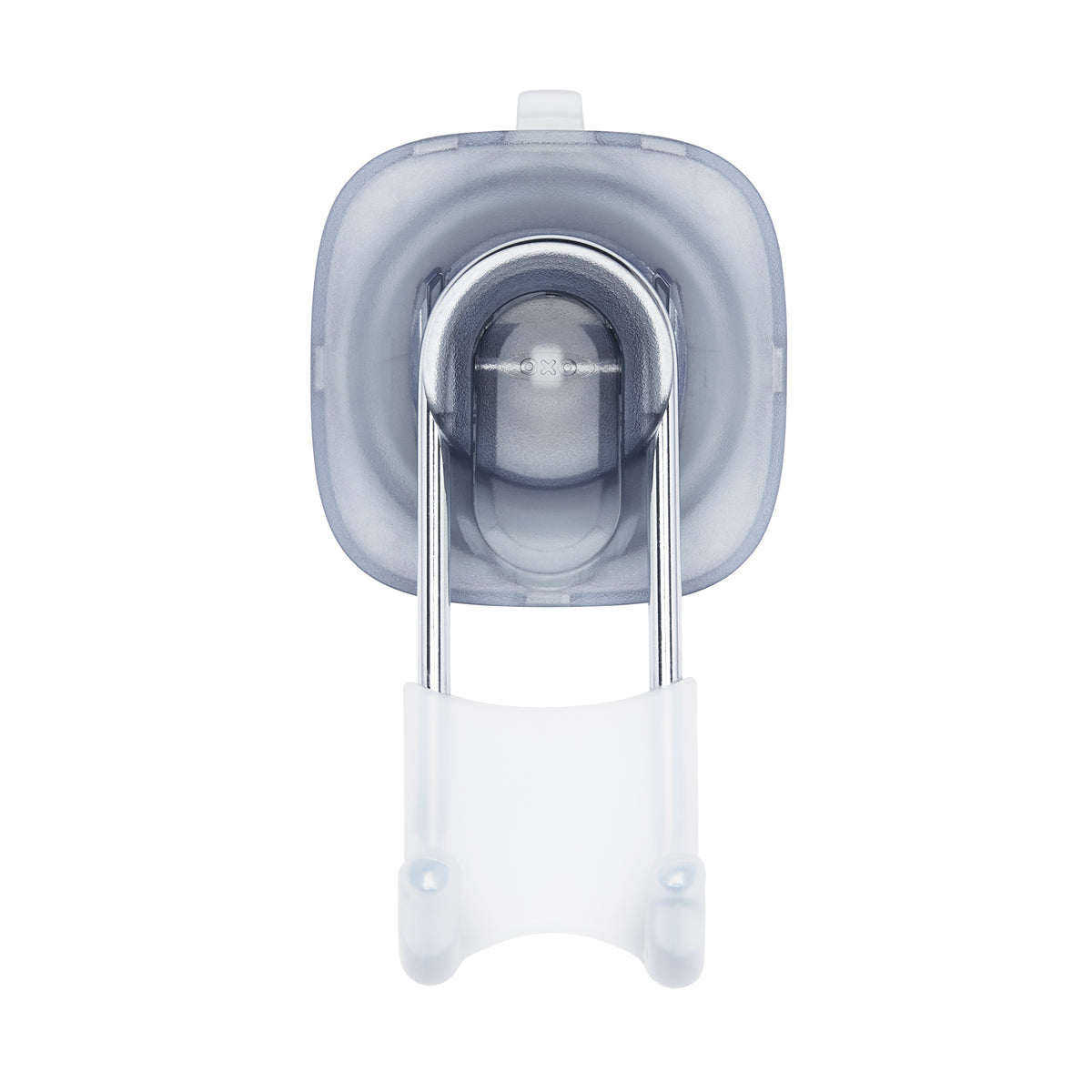 The StrongHold™ Suction Hook by OXO is a gray plastic and metal wall hook featuring a transparent front and two silver metal prongs, designed for easy installation as a suction hook. It is photographed on a white background.
