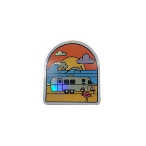 Holographic sticker with trailer and flamingo and ocean scene