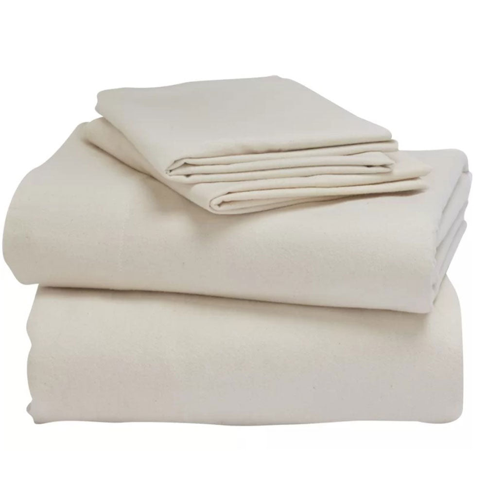 A neatly folded set of Airstream Custom Organic Cotton Flannel Sheets for Classic Travel Trailers, comprising two stacks of sheets and pillowcases in beige, crafted in the USA from premium organic cotton flannel, arranged on a plain white background.