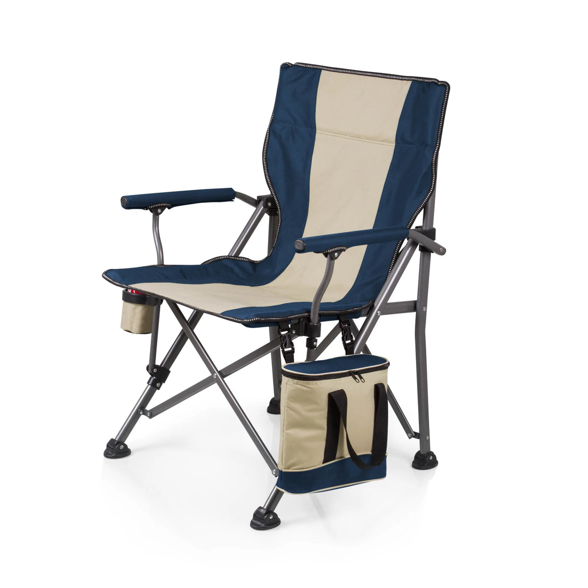 The Airstream Outlander XL Camp Chair with Cooler is a blue and beige folding camping chair featuring armrests, a cup holder, and a built-in cooler bag on the right side.
