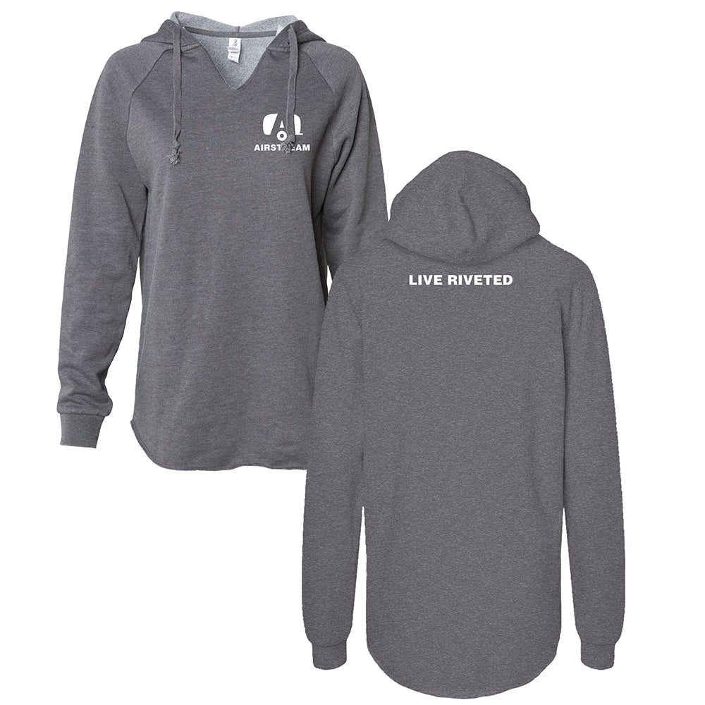 The Airstream Trailer A Live Riveted Super Soft Women’s Hoodie is shown in gray from both the front and back. This comfortable hoodie features a small Airstream trailer logo and text on the front, while the back displays the words “LIVE RIVETED” in white near the top.