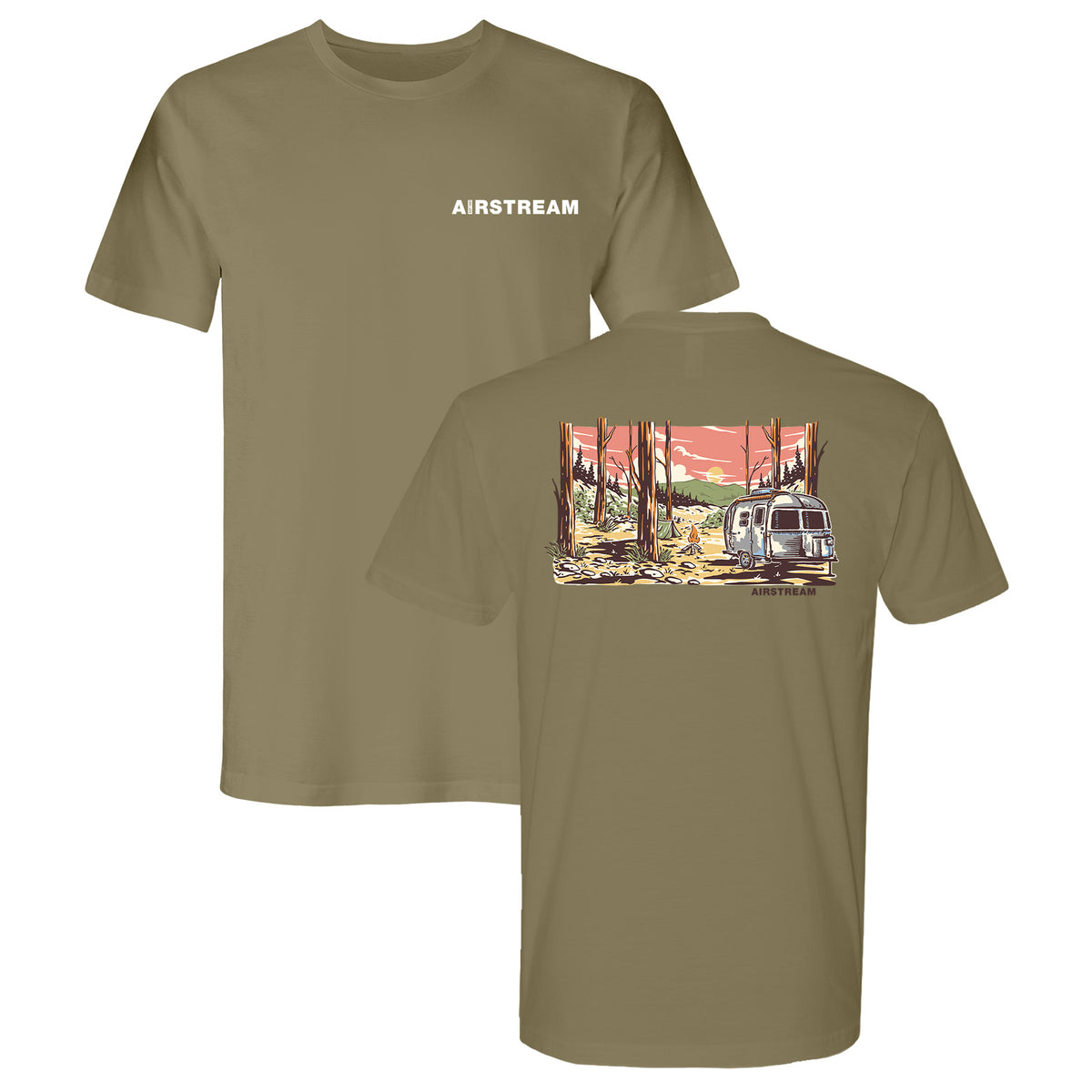 Airstream Scenic Golden Hour T-Shirt in khaki featuring bold “AIRSTREAM” text on the front left chest. The back displays an illustrated Airstream trailer surrounded by a wooded landscape under a golden hour sunset sky, making it the ideal travel shirt for your next adventure.