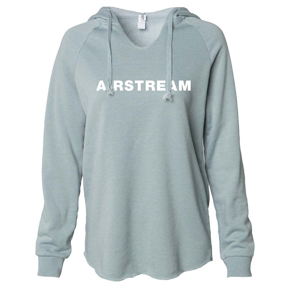 Airstream 1931 Super Soft Women’s V-Neck Hoodie in light blue, made from cozy Wave Wash fabric with long sleeves, a front pocket, and bold white “AIRSTREAM” lettering across the chest.