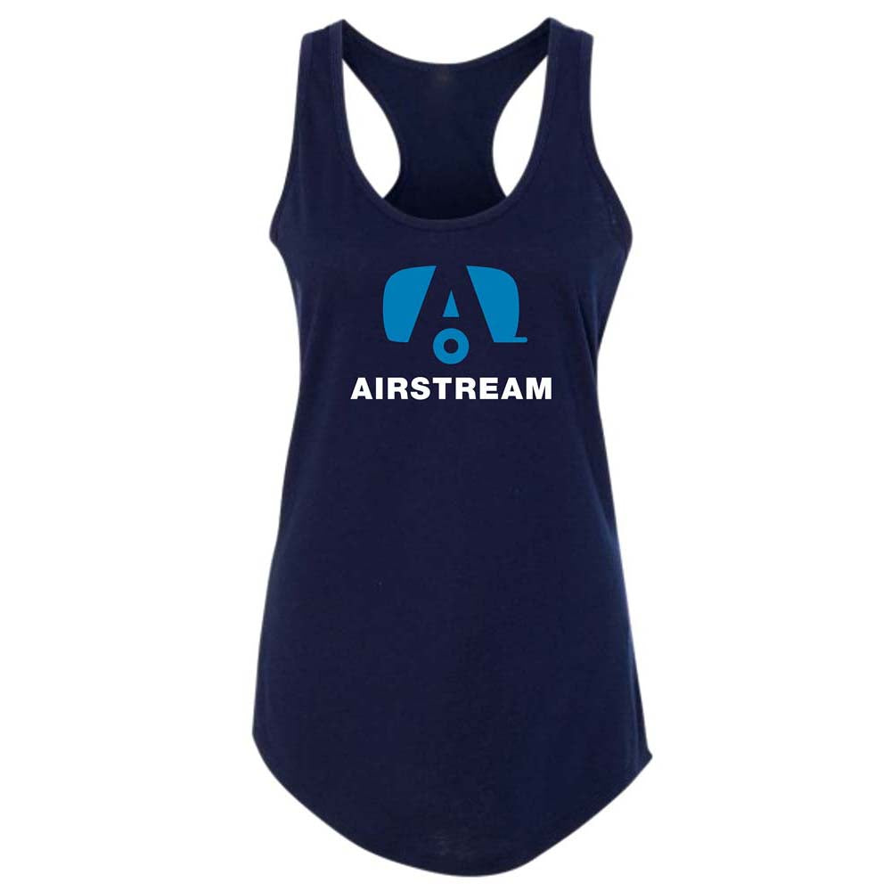 Introducing the Airstream Trailer A Women’s Racerback Tank—a navy blue women’s tank top featuring the word “AIRSTREAM” and a blue stylized “A” logo printed on the front. Perfect for travel trailer adventures or stylishly expressing your love for Airstream.