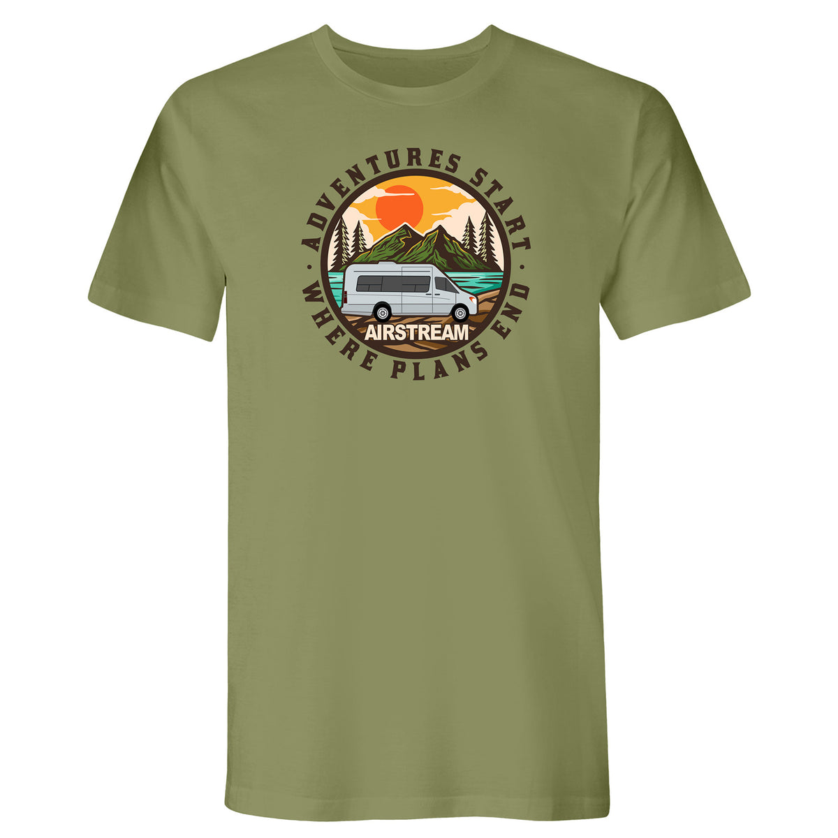 The Airstream Touring Coach Adventure Starts T-Shirt features an olive green design with a graphic of a van, mountains, trees, and a sunset. The text reads “Adventures Start Where Plans End,” with “Airstream” proudly displayed on the van—perfect for anyone who loves adventure in an iconic touring coach.