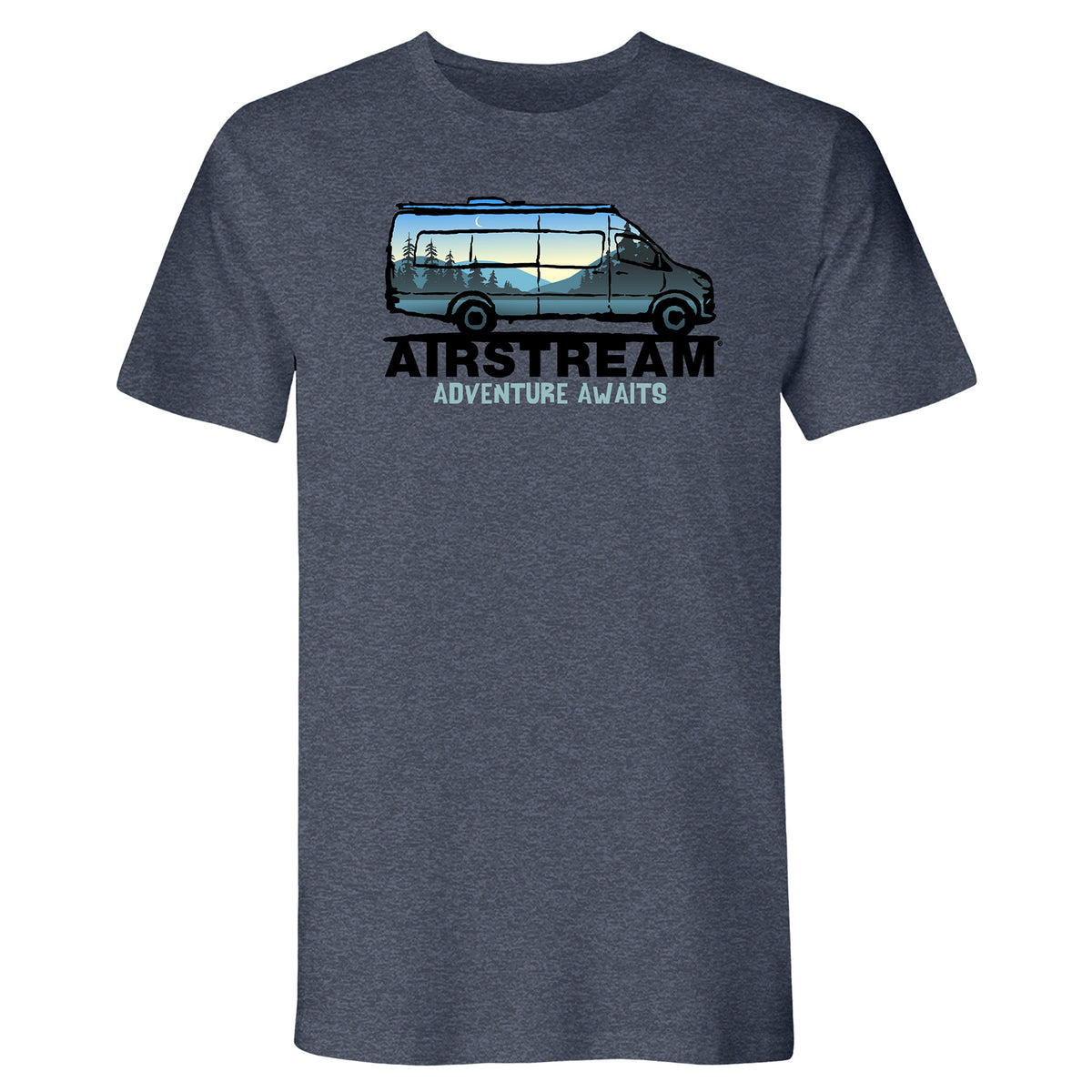Heather gray super-soft Airstream Touring Coach Scenic Van T-Shirt featuring a vibrant graphic of a camper van with a forest and mountain scene. Text below the van reads, AIRSTREAM ADVENTURE AWAITS.