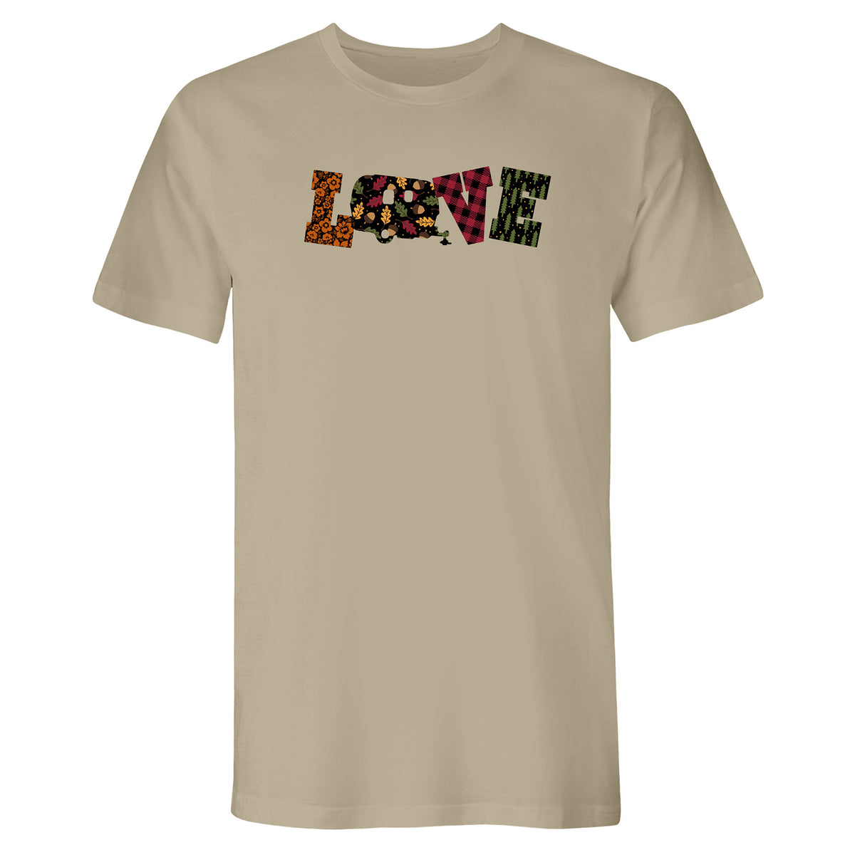 Airstream Fall Love Leaves T-Shirt in beige featuring the word “LOVE” across the chest, with each letter showcasing a unique mix of colorful fall-inspired floral and plaid patterns—perfect for autumn fashion.