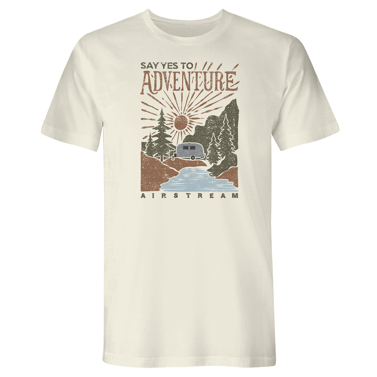 The Airstream Say Yes to Adventure T-Shirt in beige showcases a playful graphic of a camper by a riverside, surrounded by trees and mountains beneath a striking sunburst. “Say Yes to Adventure” is printed above the scene and “Airstream” below, making it the ideal tee for wanderers at heart.