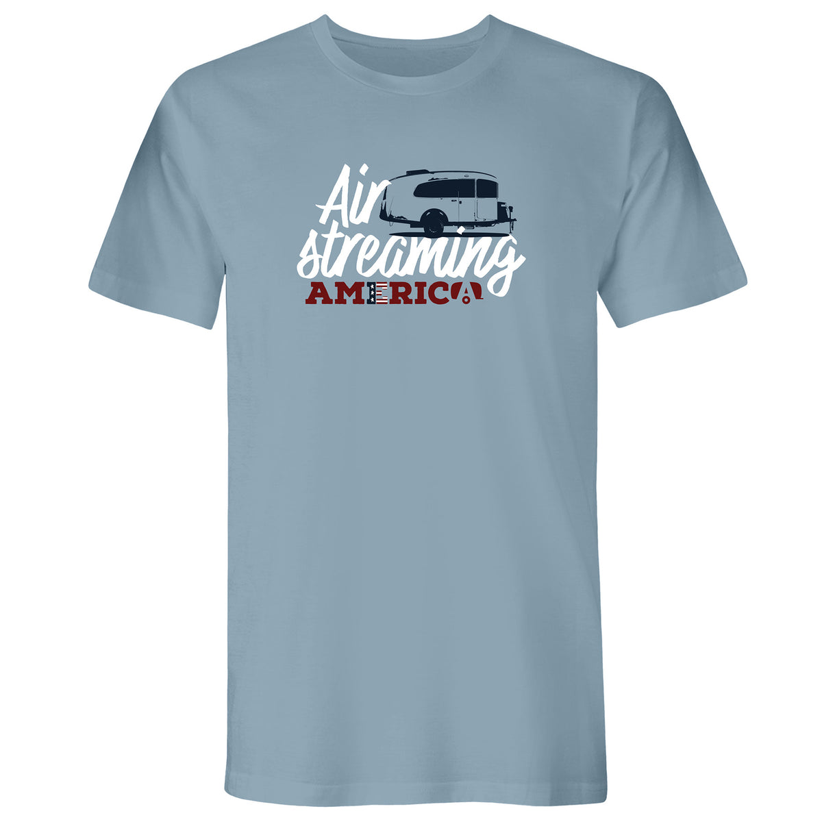 The AirStreaming America Basecamp T-Shirt is a light blue stonewash denim tee showcasing the phrase “AirStreaming America” in white and red. A dark blue silhouette of an Airstream Basecamp Travel Trailer sits above the lettering. This casual shirt is perfect for your next road trip adventure.