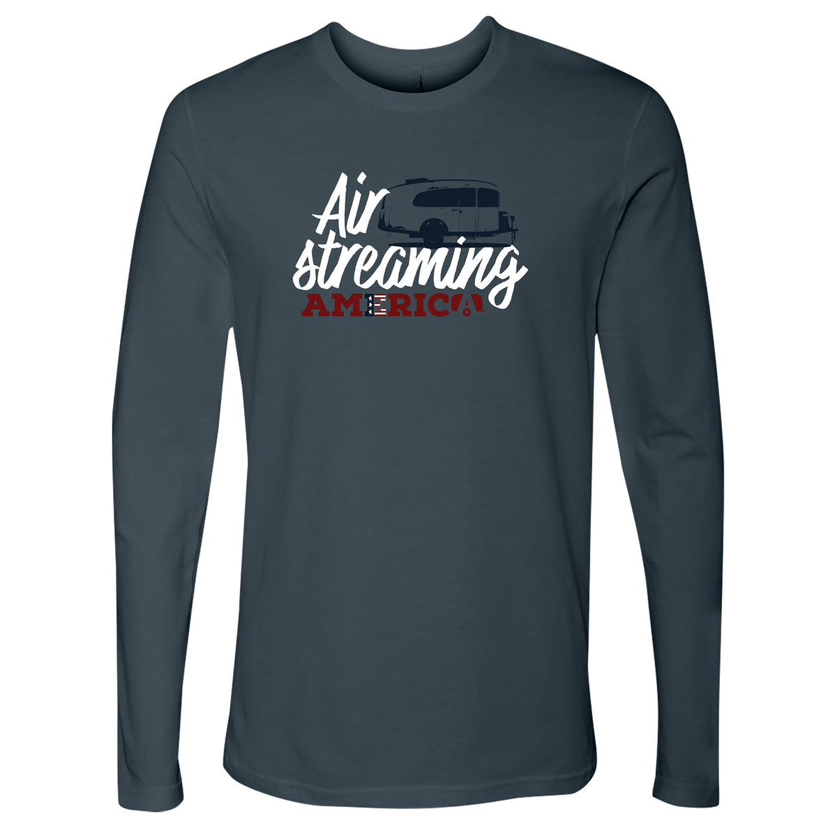 Introducing the AirStreaming America Basecamp Long Sleeve T-Shirt, a dark long-sleeve patriotic tee featuring “AirStreaming America” text and a graphic silhouette of a Basecamp Travel Trailer above the word “America” in bold red letters.