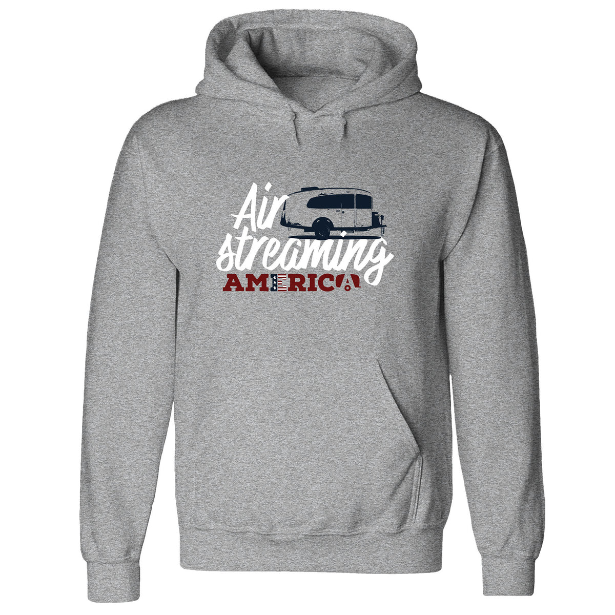 Introducing the AirStreaming America Basecamp Hoodie—a gray hoodie featuring a bold graphic of an Airstream trailer and “AirStreaming America” printed across the chest in striking white and red text. This patriotic sweatshirt is ideal for classic road trip enthusiasts, whether you’re planning adventures in a Basecamp Travel Trailer or exploring scenic highways across the nation.