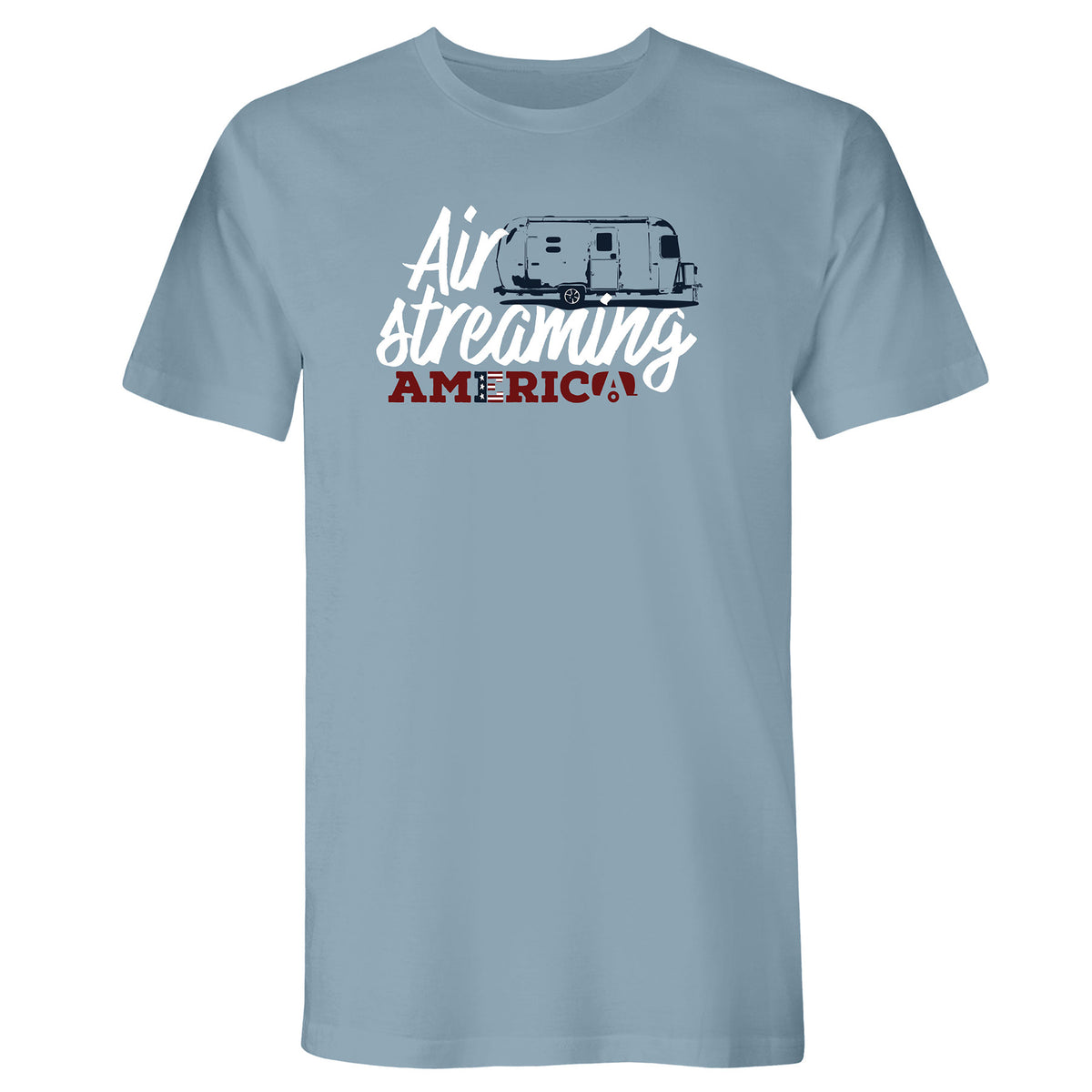The AirStreaming America Travel Trailer T-Shirt features a light blue stonewash denim color with a graphic of a travel trailer above the words “AirStreaming America,” where “AMERICA” appears in bold red letters and the remaining text is white.