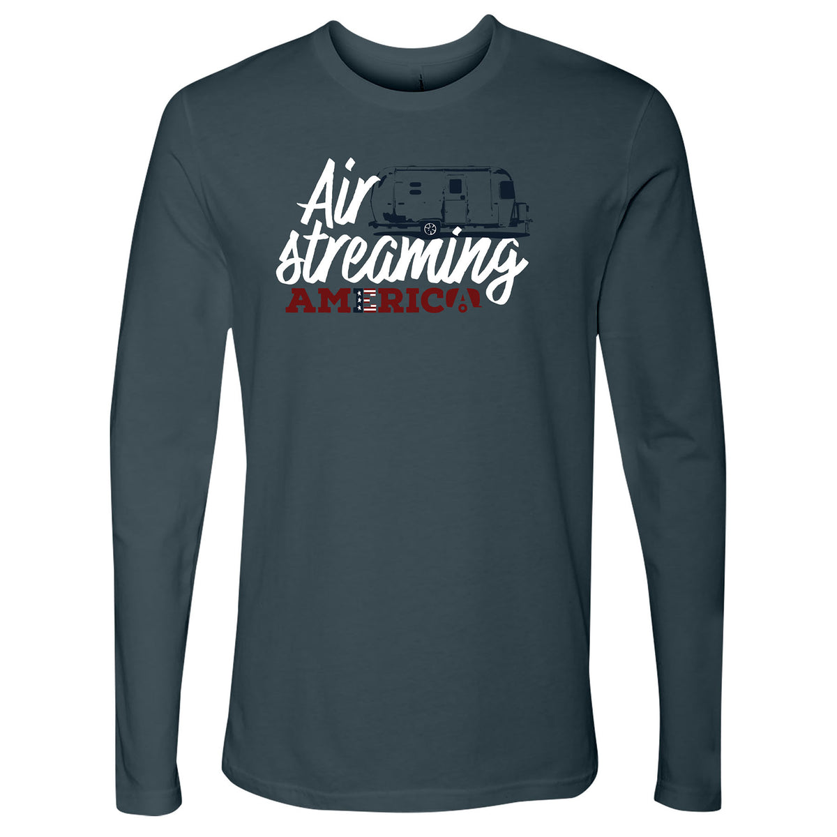 The AirStreaming America Travel Trailer Long Sleeve T-Shirt is a dark, patriotic top featuring an illustration of a travel trailer and bold “AirStreaming America” text in striking white and red on the front.