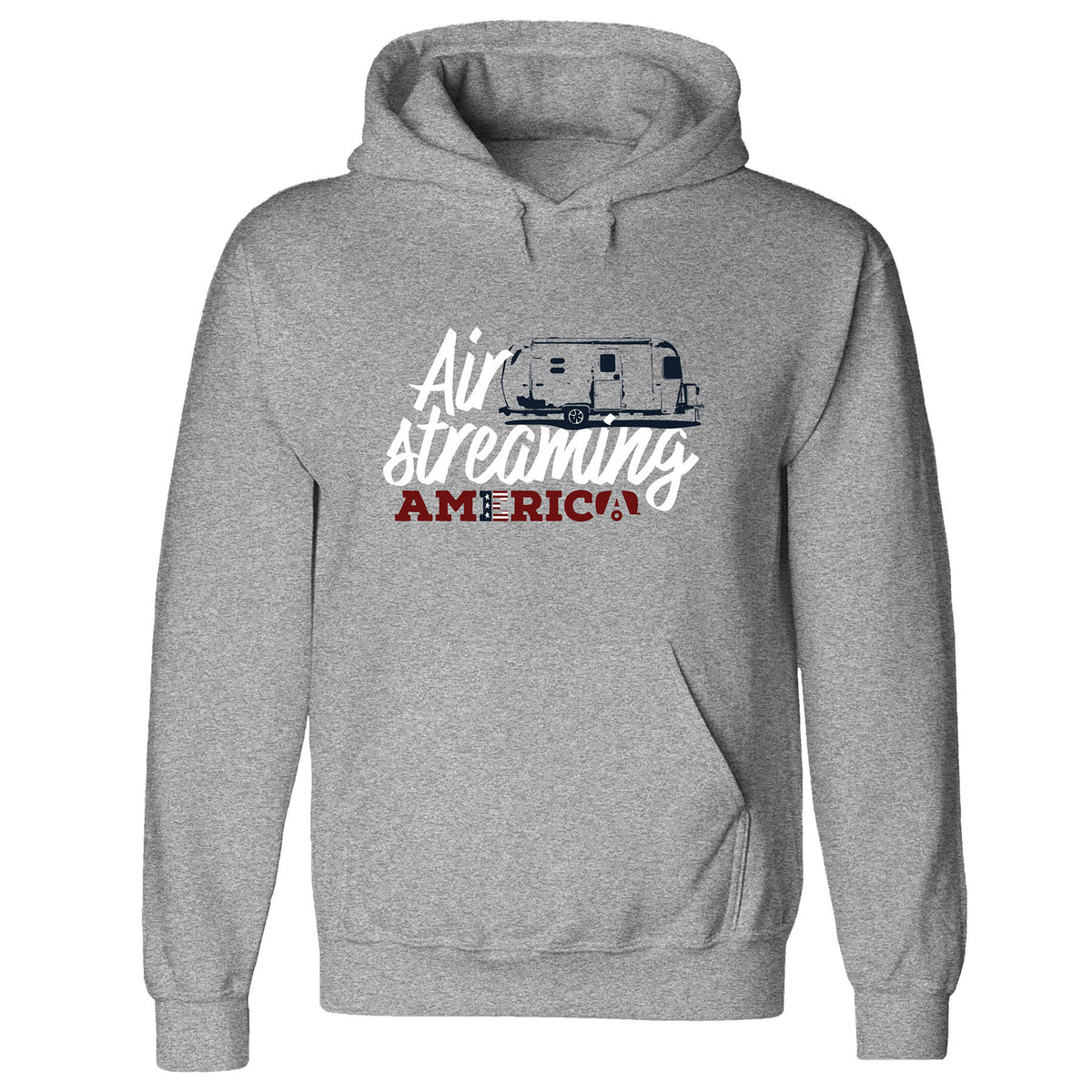 The AirStreaming America Travel Trailer Hoodie features a gray design with “AirStreaming America” text—America in red, the rest in white—and a graphic of an Airstream travel trailer above the words, making it the perfect patriotic hoodie for any adventure.