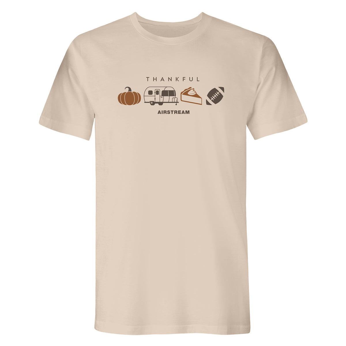 Embrace autumn adventures in the Airstream Thankful T-Shirt. This beige tee showcases icons of a pumpkin, an Airstream trailer, pumpkin pie, and a football—classic emblems of fall. The word “THANKFUL” sits above these images, while “AIRSTREAM” appears below the trailer.