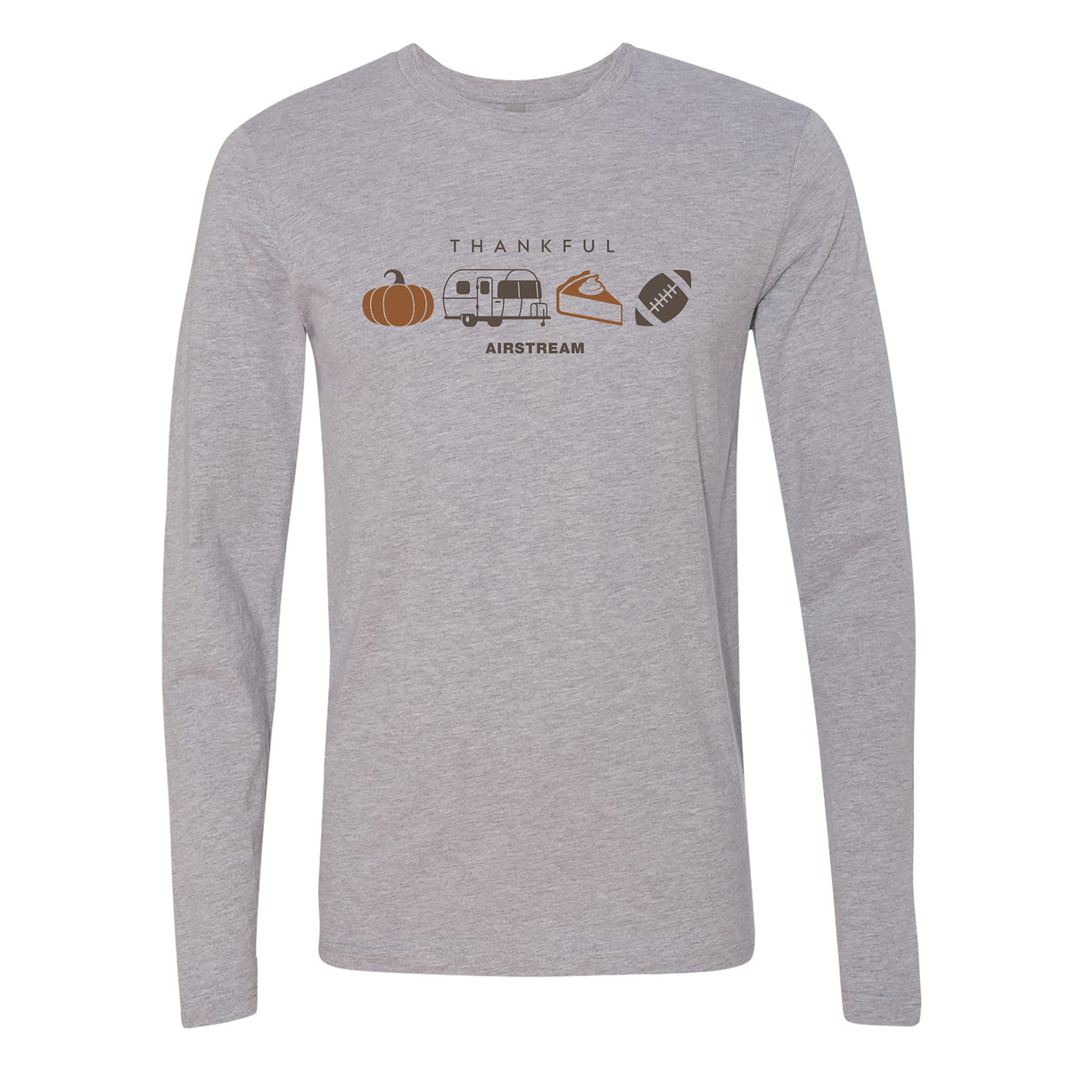 Get into the spirit of the season with the Airstream Thankful Long Sleeve T-Shirt. This gray fall tee displays “THANKFUL” above delightful icons—a pumpkin, an Airstream trailer, a pie, and a football—making it ideal for autumn travels. For a finishing touch, “AIRSTREAM” is printed beneath the icons, adding an extra hint of adventure.
