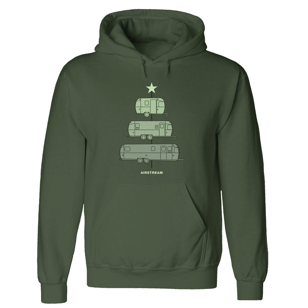 The Airstream Travel Trailer Christmas Tree Hoodie showcases a festive graphic with three silver Airstream travel trailers arranged in a pyramid to form a Christmas tree, topped with a star and the word “AIRSTREAM” beneath the design—making it the ideal choice for your next holiday adventure.