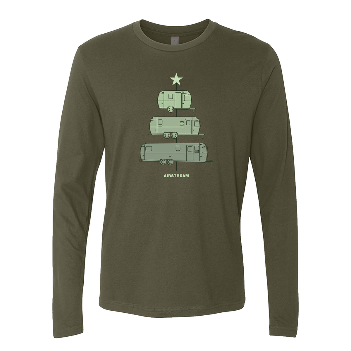 Celebrate the holidays on the road with the Airstream Travel Trailer Christmas Tree Long Sleeve T-Shirt, featuring an olive green design with a festive graphic of four Airstream trailers stacked pyramid-style like a Christmas tree, topped with a star. “Airstream” is printed below, making this the perfect long-sleeve tee for any travel enthusiast during the holiday season.