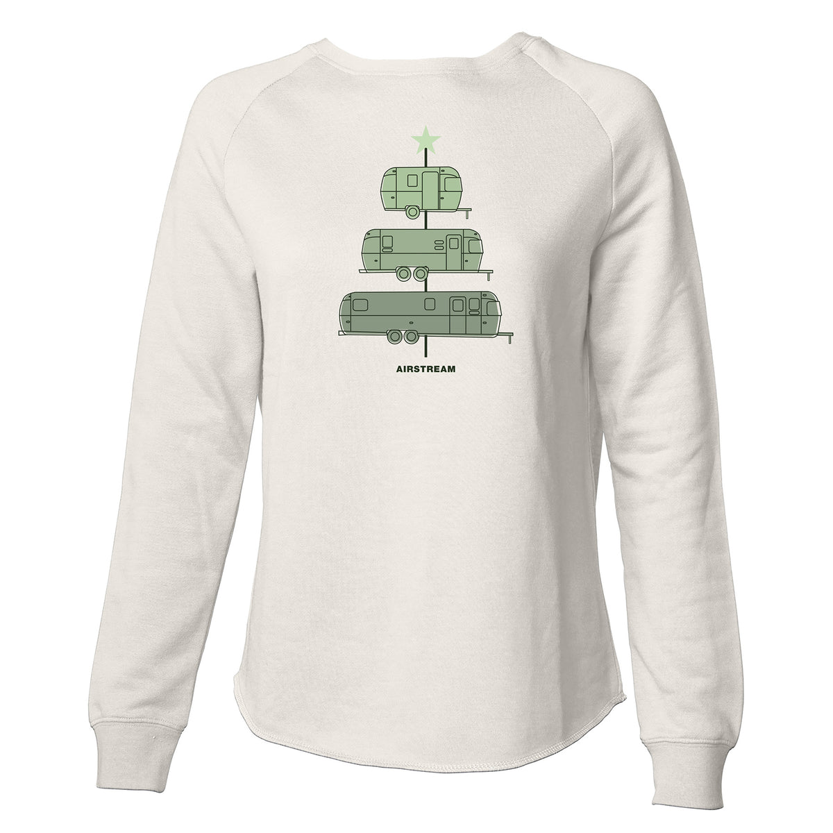 The Airstream Travel Trailer Christmas Tree Women’s Sweatshirt is a white long-sleeve top featuring a festive graphic of green Airstream trailers stacked in the shape of a Christmas tree, complete with a star on top. The word “AIRSTREAM” is printed below the design, making it the perfect holiday RV apparel or Christmas travel sweatshirt.