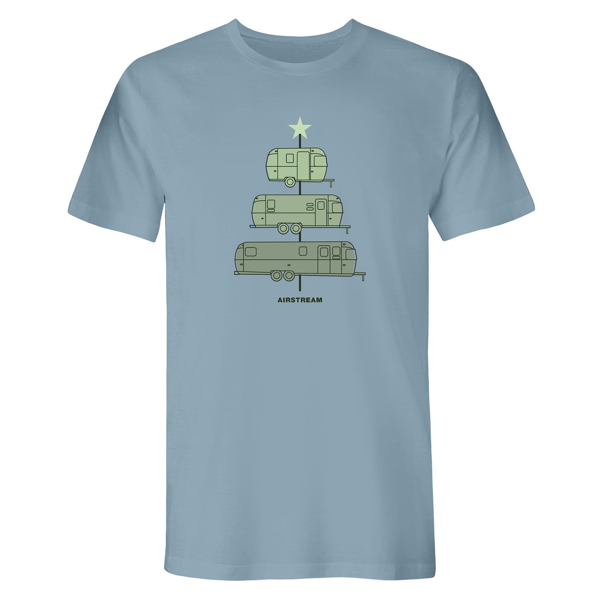 Show off your love for camping with the Airstream Travel Trailer Christmas Tree T-Shirt. This light blue tee features a festive graphic of three green travel trailers stacked to resemble a Christmas tree, topped with a green star. The word “AIRSTREAM” appears below the design, making it an ideal holiday shirt for camping enthusiasts and anyone searching for a unique Christmas tree t-shirt.