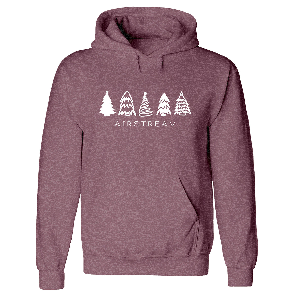 The Airstream Christmas Tree Hoodie features a maroon color with five white-outlined stylized pine trees above the word “AIRSTREAM” on the front—a festive choice, perfect for holiday gatherings.