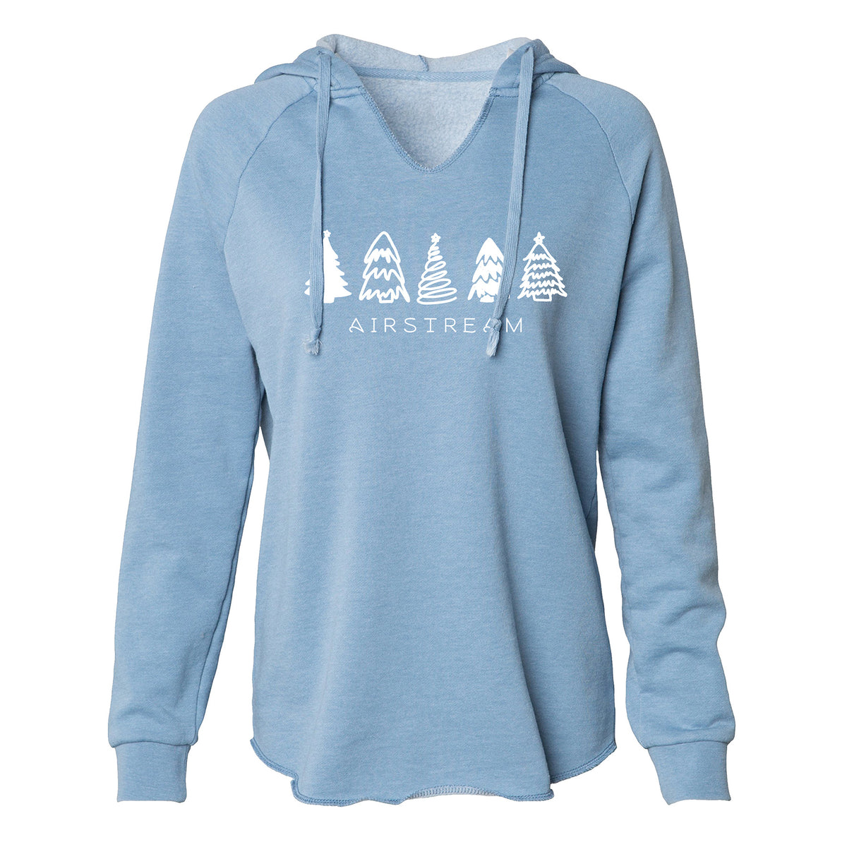 The Airstream Christmas Tree Women’s Hoodie is a light blue women’s hoodie featuring simple white tree illustrations and the word “AIRSTREAM” printed below the trees on the front—perfect for staying cozy during the holidays or as your go-to festive adventure hoodie.