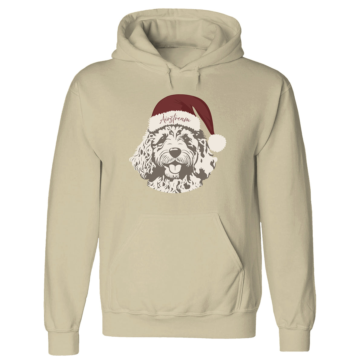 Introducing the Airstream Christmas Dog Hoodie: a beige hoodie with a festive design featuring a smiling, curly-haired dog in a red Santa hat and the words “Merry Christmas.” Centered on the chest, this holiday-themed sweatshirt is perfect for pet lovers seeking to add cheerful style to their seasonal outfits.