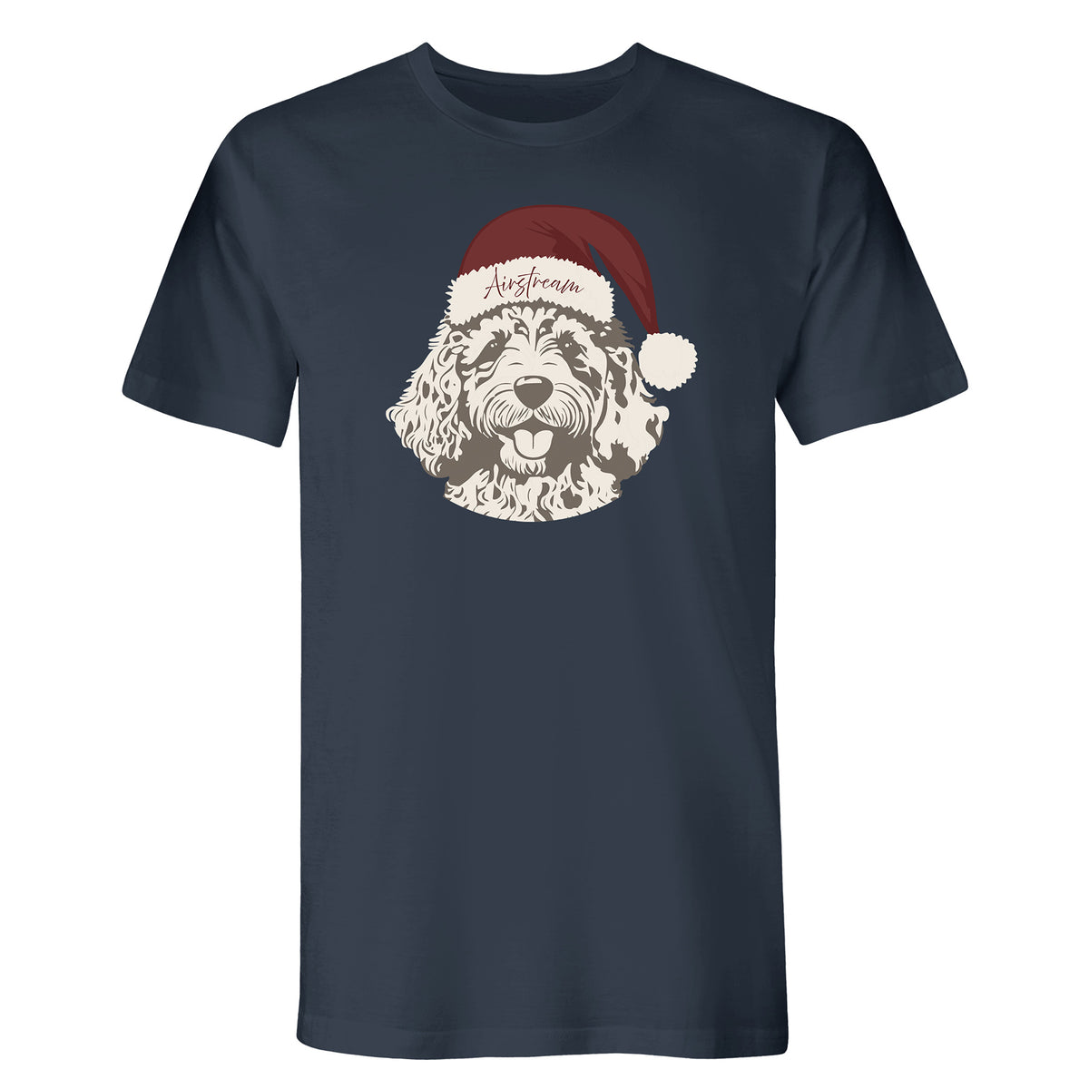 Airstream Christmas Dog T-shirt—navy blue tee showcasing a cheerful dog graphic in a red and white Santa hat with “Mistercam” on the brim, perfect for anyone wanting to spread holiday cheer with an adorable Santa dog shirt.