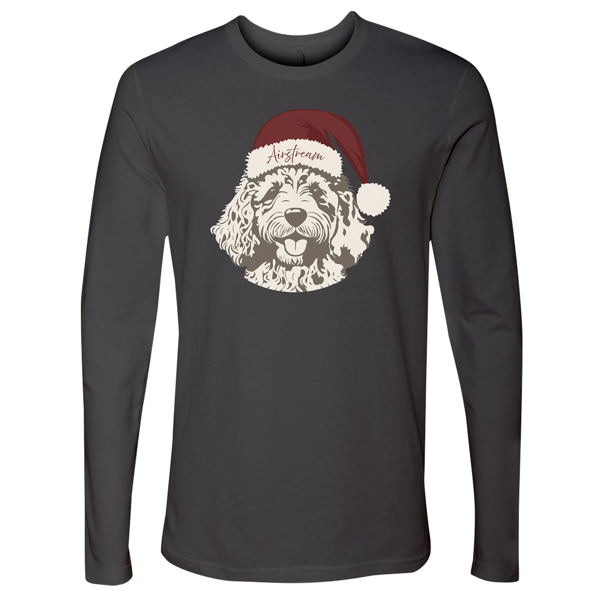 Celebrate the season in style with the Airstream Christmas Dog Long Sleeve T-Shirt! This dark long-sleeve shirt showcases a cheerful graphic of a smiling dog in a red Santa hat, complete with “Mainstream” boldly printed on the brim—making it the perfect festive pick for any holiday occasion.
