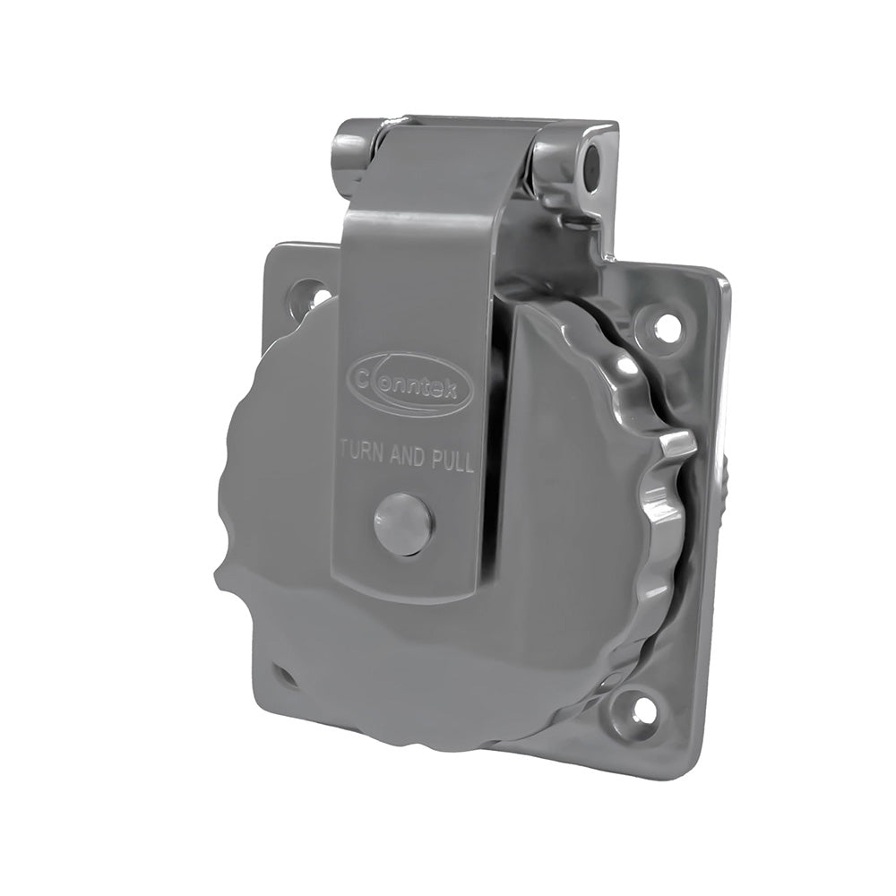 A genuine Airstream 30 AMP Power Inlet (Part # 513164) featuring a shiny metal latch with a round, ridged knob and a rectangular mounting plate. The latch includes a hinged cover marked “TURN AND PULL” to ensure secure operation. Its smooth, reflective surface enhances durability and reliability, making it the ideal electrical component for your Airstream’s power connection needs.