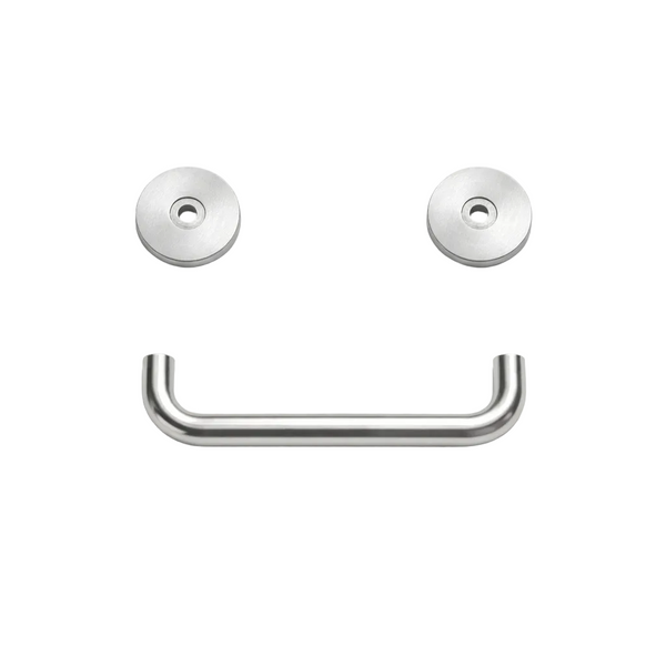 Stainless steel door handle and its mounting brackets on a white background