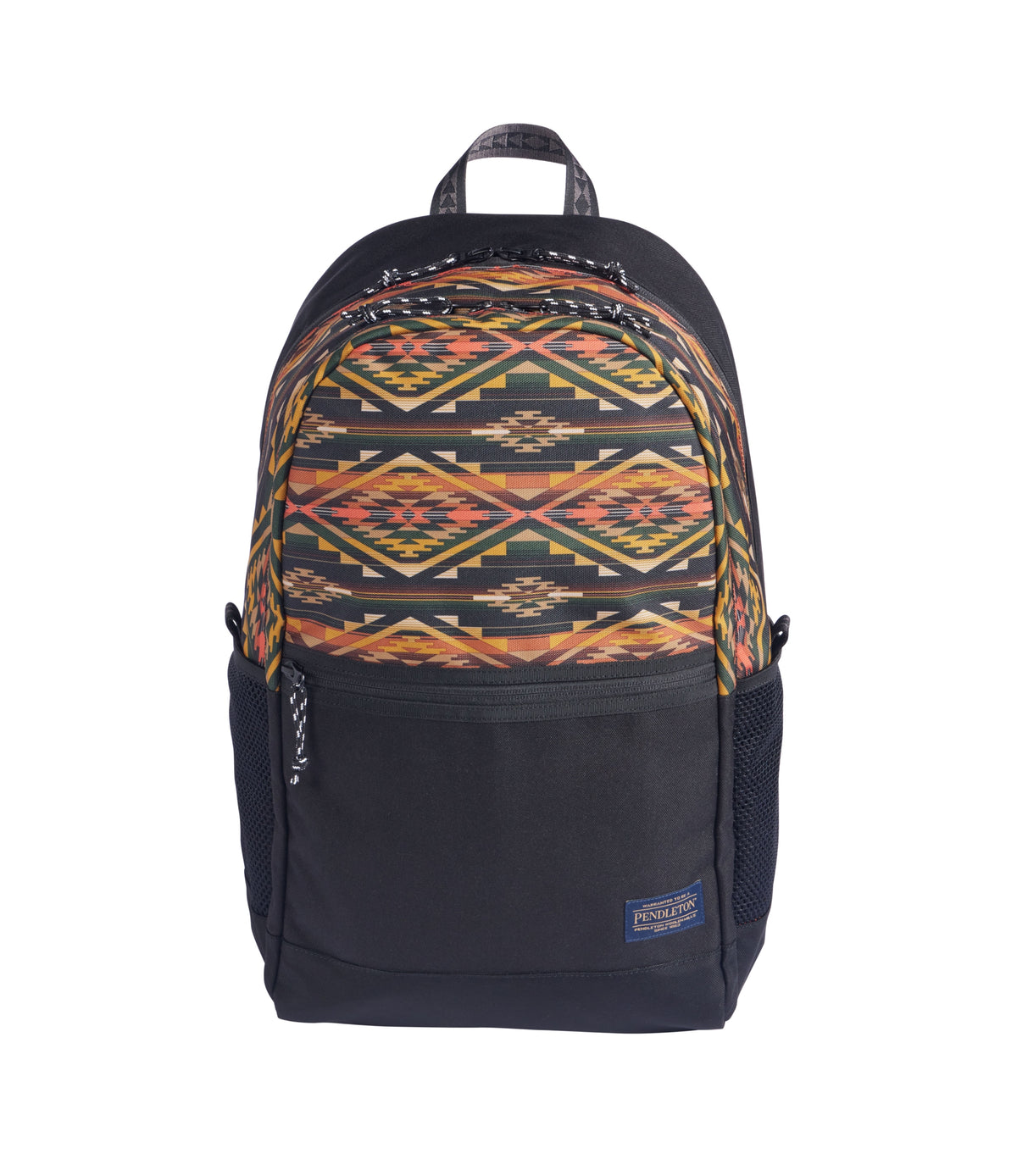 A Pendleton Tumalo Olive Backpack featuring a colorful geometric pattern on the front pocket, two black mesh side pockets, a convenient laptop sleeve inside, and a small Pendleton label at the bottom right.