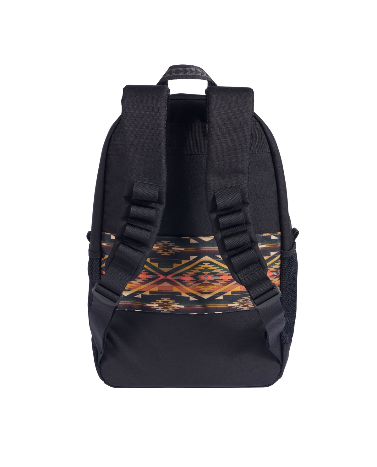 Tumalo Olive Backpack by Pendleton with padded straps and a colorful geometric pattern on the back panel, featuring a convenient laptop sleeve, shown upright against a white background.