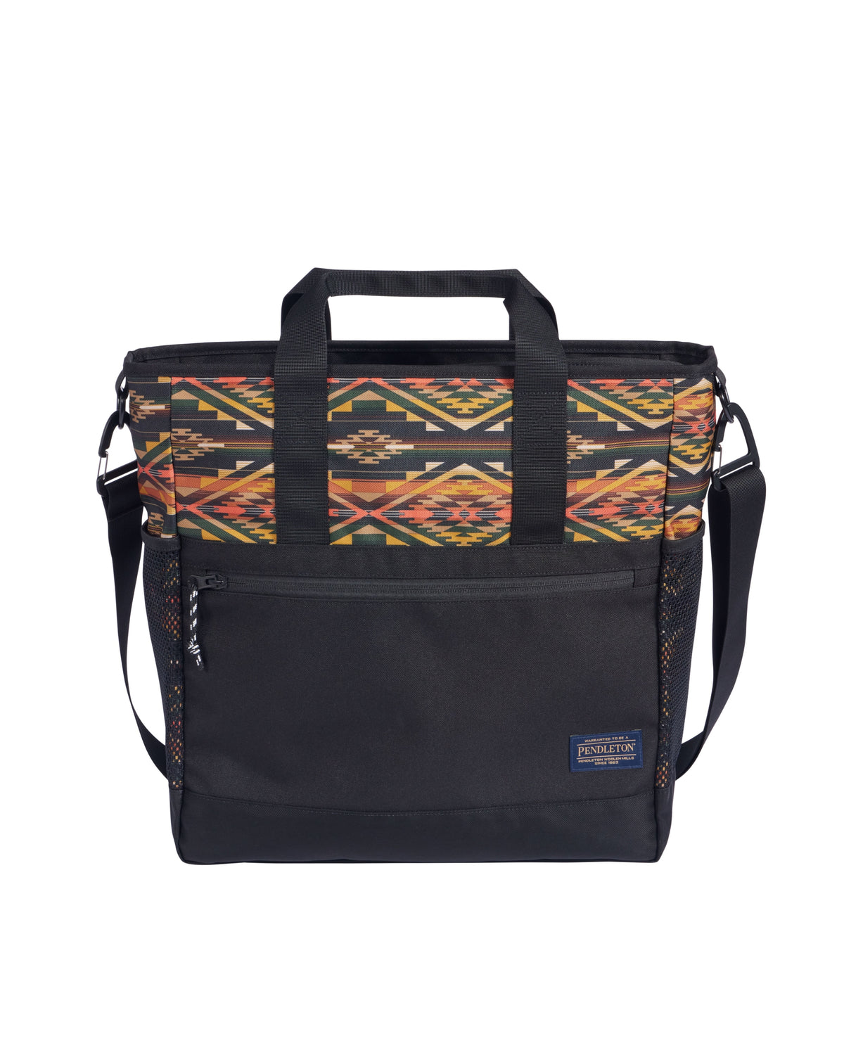 Introducing the Tumalo Olive Carryall Tote by Pendleton—a black, organized tote bag featuring two sturdy handles, an adjustable shoulder strap, and a convenient front pocket. The zip-top closure keeps your essentials secure, while the top showcases a vibrant geometric pattern in orange, yellow, and brown tones. Perfect for everyday use, this carryall combines style and functionality to keep you effortlessly organized.