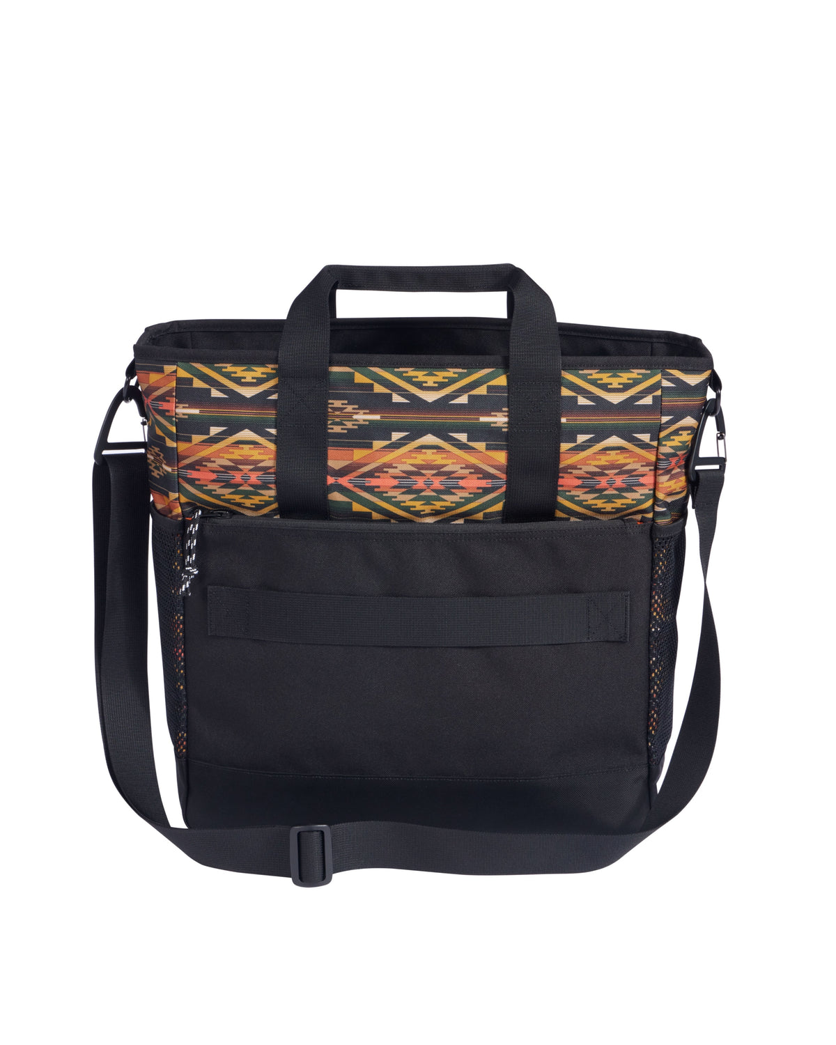 The Tumalo Olive Carryall Tote by Pendleton features a black zip-top design with a geometric, multicolor patterned top section, two sturdy black handles, a front pocket, mesh side pockets, and an adjustable shoulder strap—perfect for keeping your essentials organized in style.