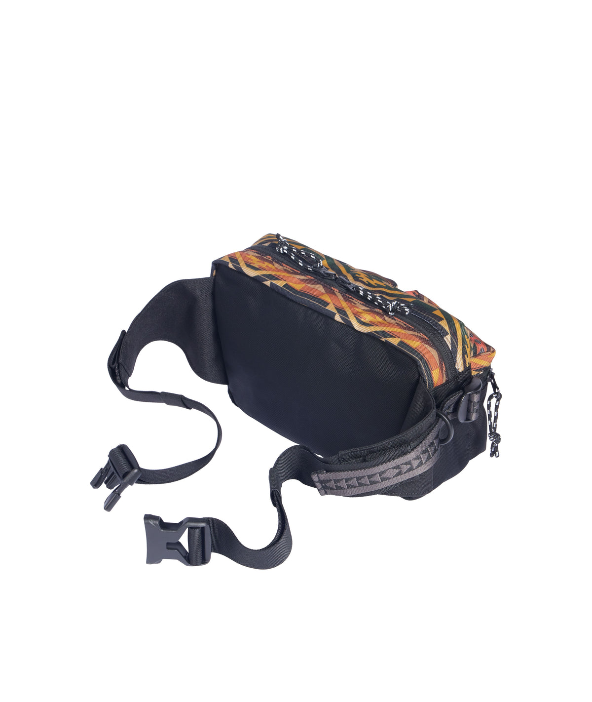 The Tumalo Olive Sling Crossbody by Pendleton is a rectangular, black waist bag with an orange and yellow flame design on the top, featuring a unique pattern and an adjustable strap with a plastic buckle, shown on a white background.