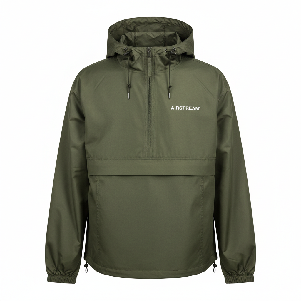 The Airstream Pioneer Packable Wind Breaker Jacket is a green hooded windbreaker featuring a front zipper, elastic cuffs, and “AIRSTREAM” printed in white on the left chest. This lightweight jacket offers excellent protection and is perfect for everyday adventures.