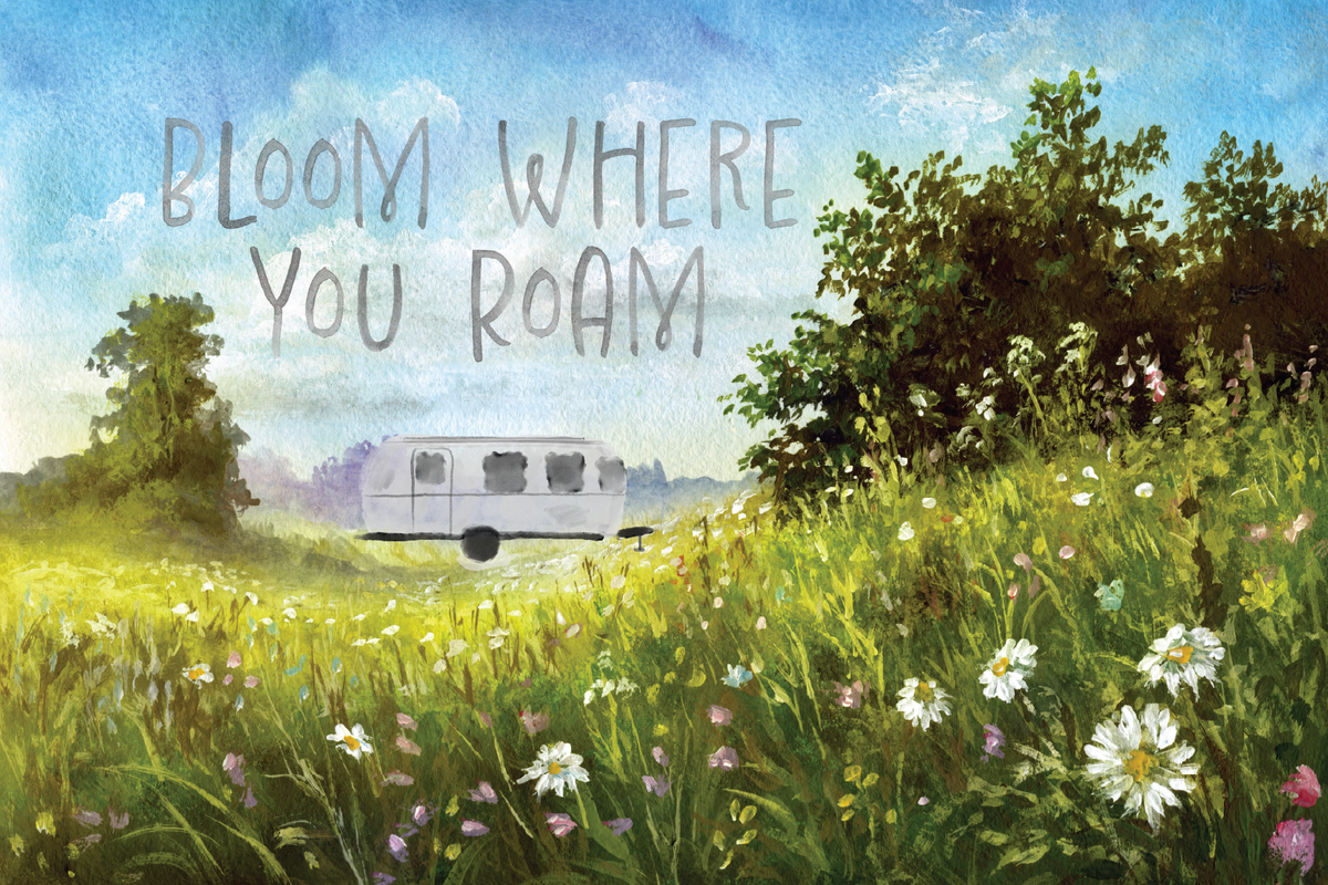 The Airstream Artistic Postcards showcase a watercolor painting of a field filled with wildflowers and trees, with an Airstream camper in the background. Capturing the spirit of adventure, each postcard features the phrase “Bloom where you roam” in gray lettering across the sky.