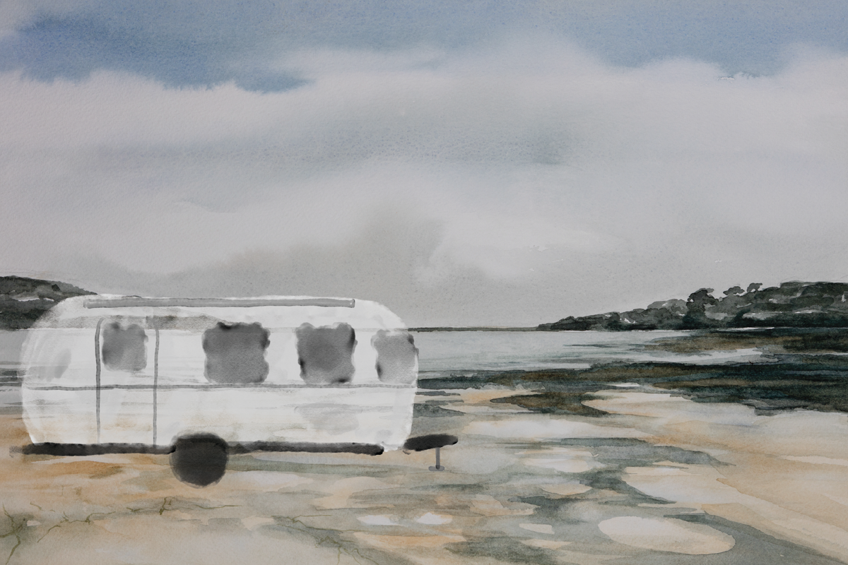 Airstream Artistic Postcards feature a watercolor painting of a white camper trailer parked on a sandy shore, with calm water, distant hills, and a cloudy sky in the background—perfect for capturing the spirit of travel and tranquility in an artistic postcard.