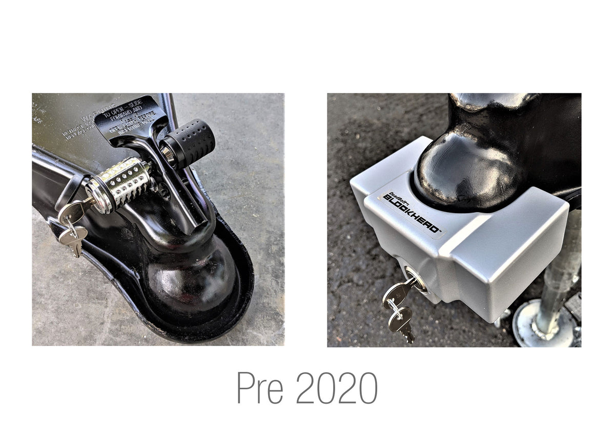 Side-by-side images display two types of trailer hitch locks installed, both labeled Pre 2020. Each hitch features a lock with a key inserted, illustrating the dependable security provided by the Airstream Anti-Theft Hitch and Trailer Lock Kit for travel trailers.