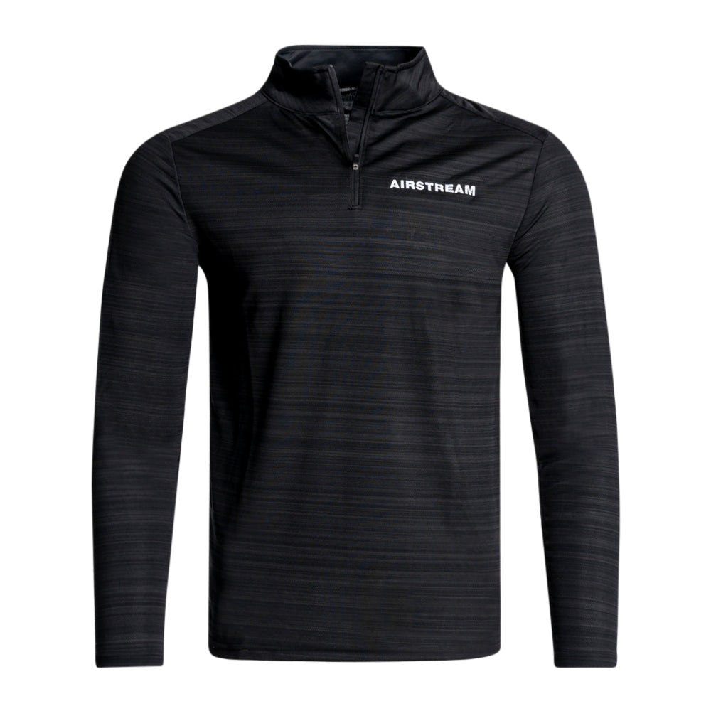 The Airstream Pursuit Performance 1/4 Zip Pullover is a black long-sleeve top featuring subtle horizontal stripes and “AIRSTREAM” printed in white on the left chest. Designed with a stand-up self-fabric collar for a sleek look, this pullover offers a modern, athletic fit.