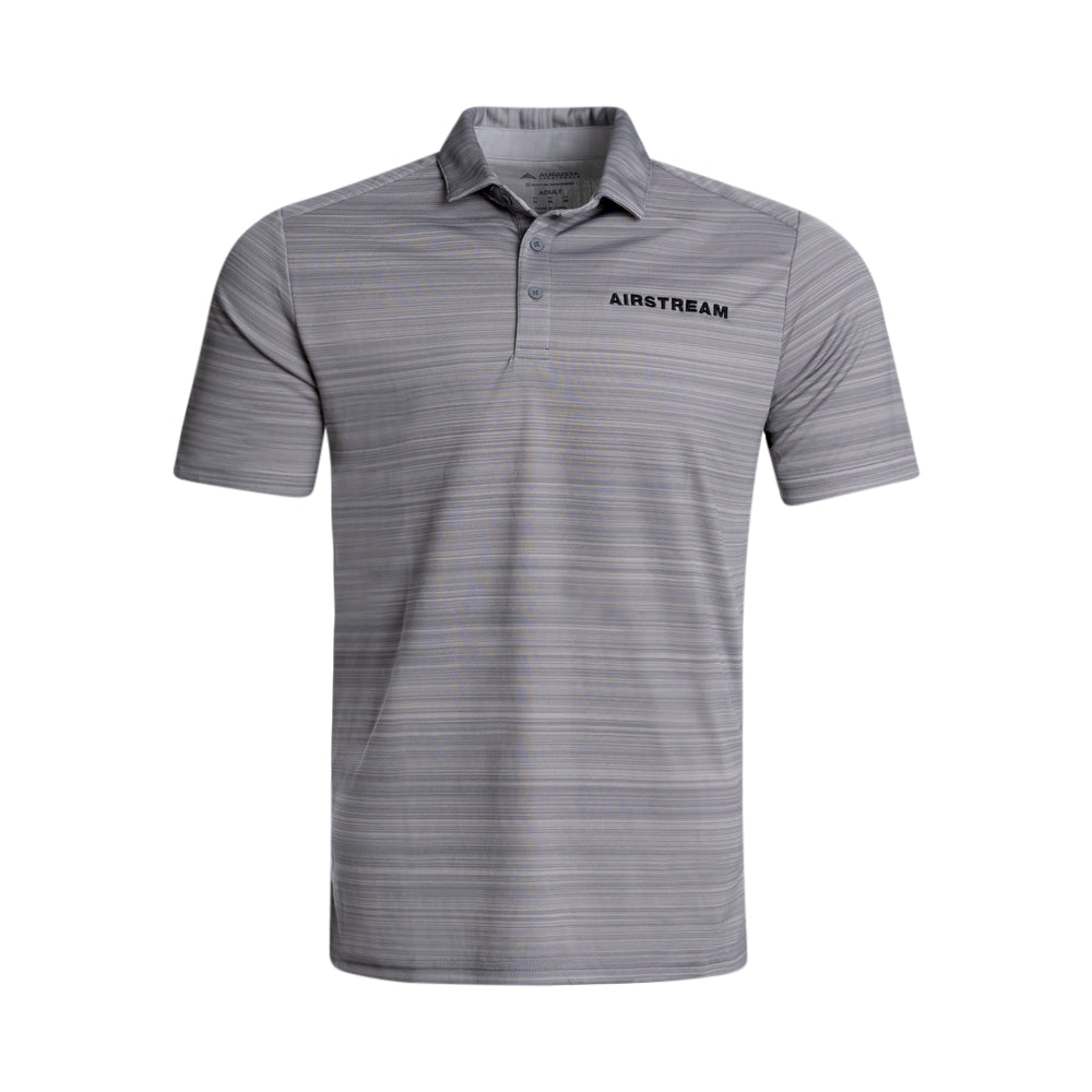 Introducing the Airstream Pursuit Performance Polo: a gray short-sleeve, sweat-wicking polo shirt featuring a subtle horizontal stripe pattern and a self-fabric collar. “AIRSTREAM” is printed in black on the left chest area.