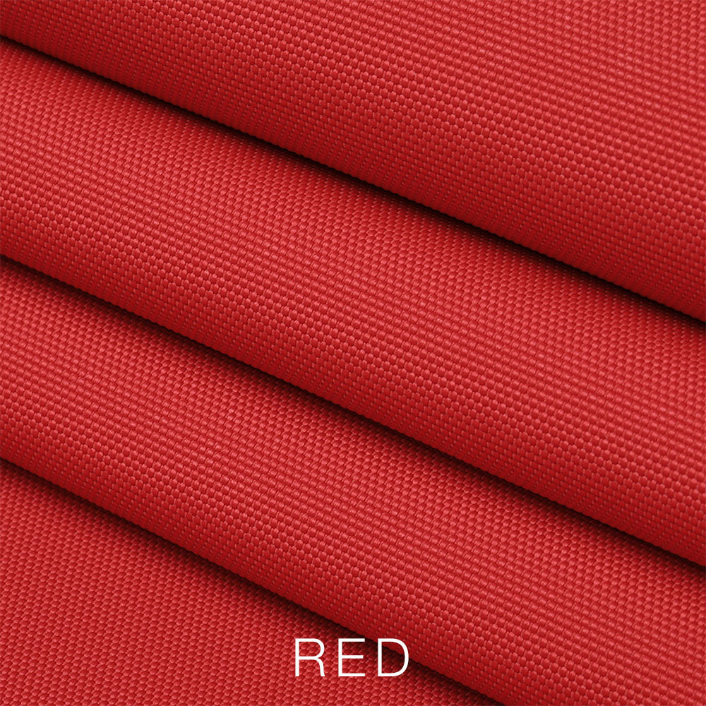 Three folded pieces of textured red fabric stacked diagonally, with the word RED written at the bottom in white text—perfect for use as an Airstream Travel Trailer Padded Solar Window Guard Protector. #color_Red