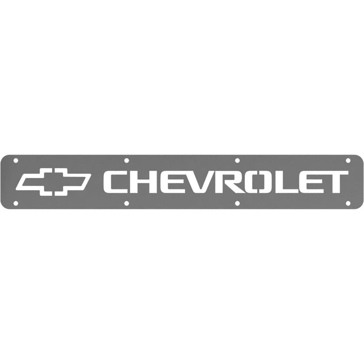 A gray metal Rock Tamer Truck Make Plate featuring the Chevrolet logo on the left and “CHEVROLET” in bold, uppercase lettering to the right. With four corner holes for easy mounting, this plate is perfect for anyone seeking a custom touch or wanting to complement their Rock Tamer setup.