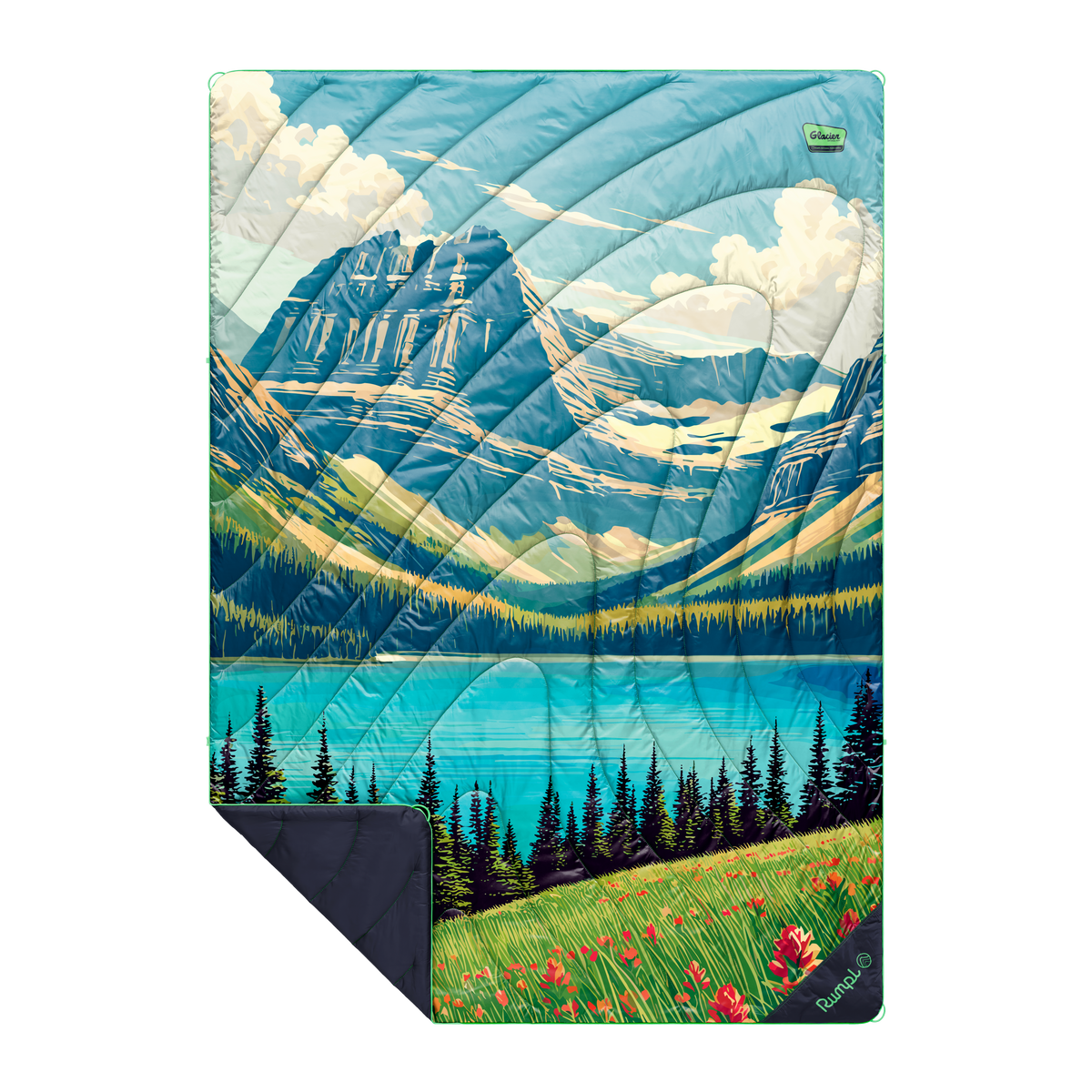 Introducing the NEW Rumpl National Park Blankets, featuring an illustrated mountain landscape complete with a lake, pine trees, lush green meadows, and vibrant red wildflowers beneath a blue sky dotted with clouds—an ideal choice for fans of National Parks blankets and outdoor enthusiasts.