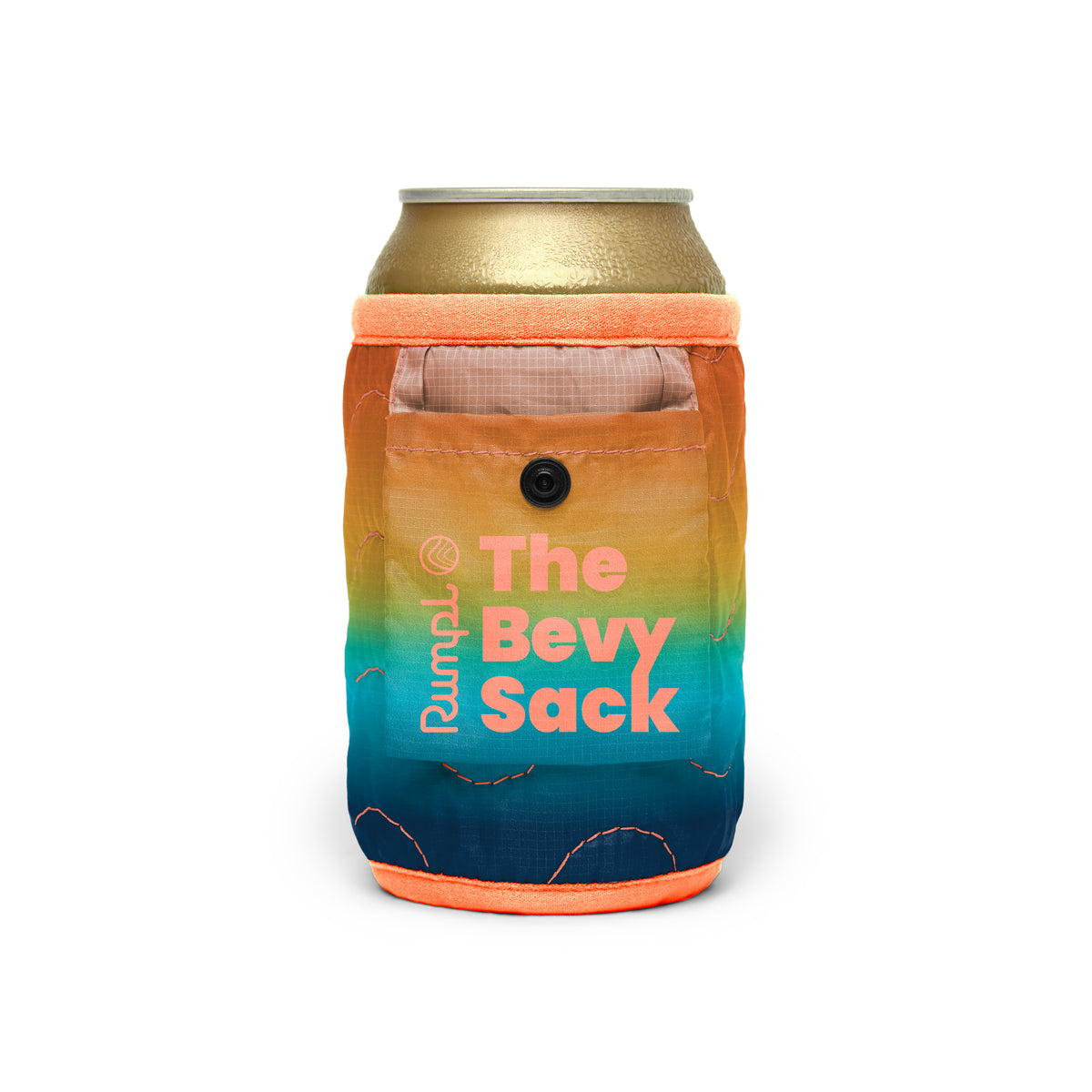 A can wrapped in The Bevy Sack by Rumpl—a puffy, gradient orange, yellow, and blue sleeve featuring a front buttoned pocket—designed to keep your favorite drink cold like a cozy beverage blanket.