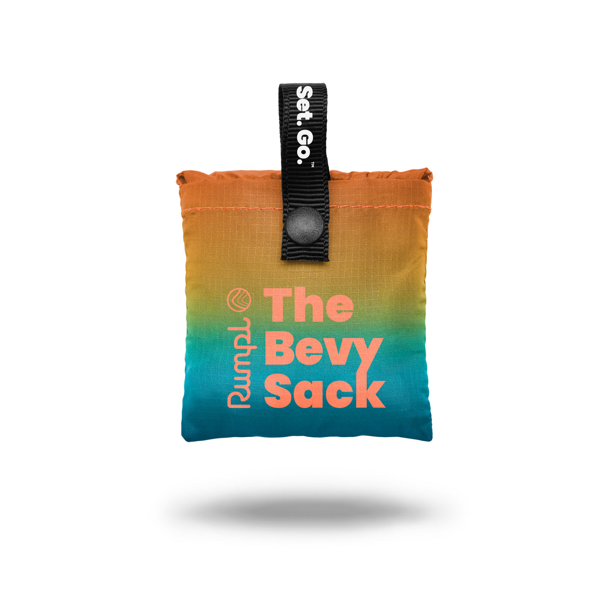 A compact, vibrant pouch called The Bevy Sack by Rumpl features a black strap with the text “Self Go.” Crafted from puffy material, this beverage blanket displays a gradient that shifts from orange at the top to blue at the bottom and is designed to keep canned drinks cold. The pouch appears isolated against a white background.