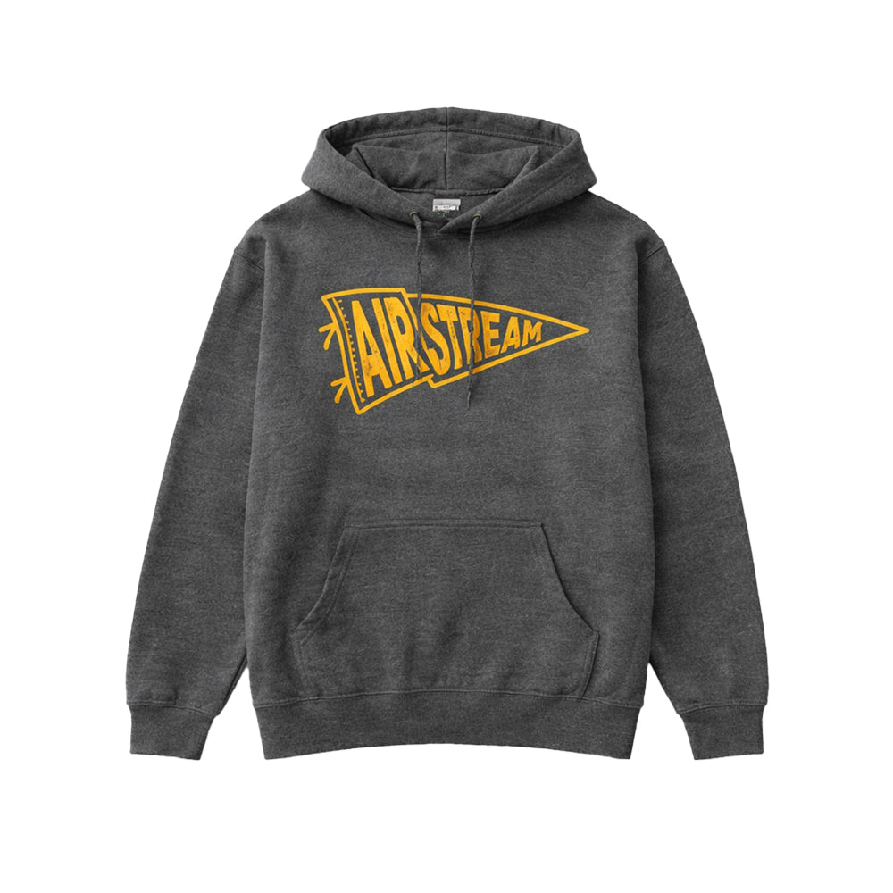 Introducing the Airstream Rally Pennant Hoodie: a dark gray hooded sweatshirt with a front pocket, highlighted by a yellow rally pennant graphic and bold AIRSTREAM lettering across the chest—perfect for showing off your passion for the Airstream lifestyle.