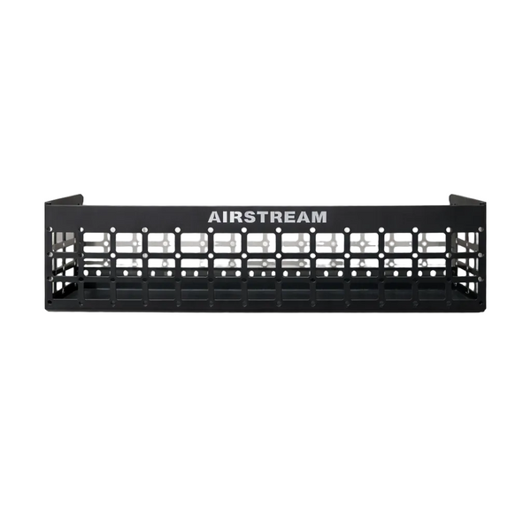 Black metal shelf with 'Airstream' branding on a white background