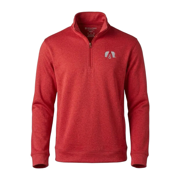 red heathered pullover with airstream logo on the left chest